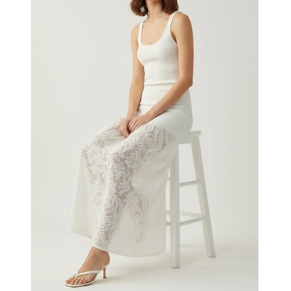 BEC & BRIDGE Rissa Ribbed Knit Dress W/ Mesh Lace Skirt, Ivory, Large - Picture 3 of 15